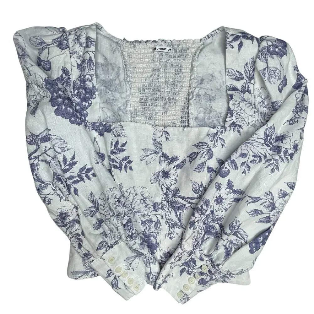 Reformation Stilton Linen Top Blue Toile Floral Long Sleeve Square Neck Size 2